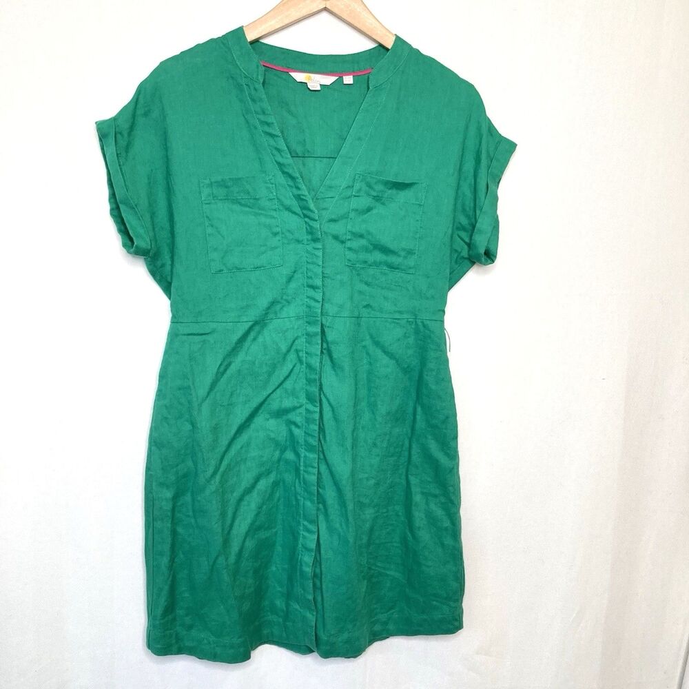 BODEN Green 100% Linen Cap Sleeve Shift Dress Pockets Women's US 6P Coastal Mod